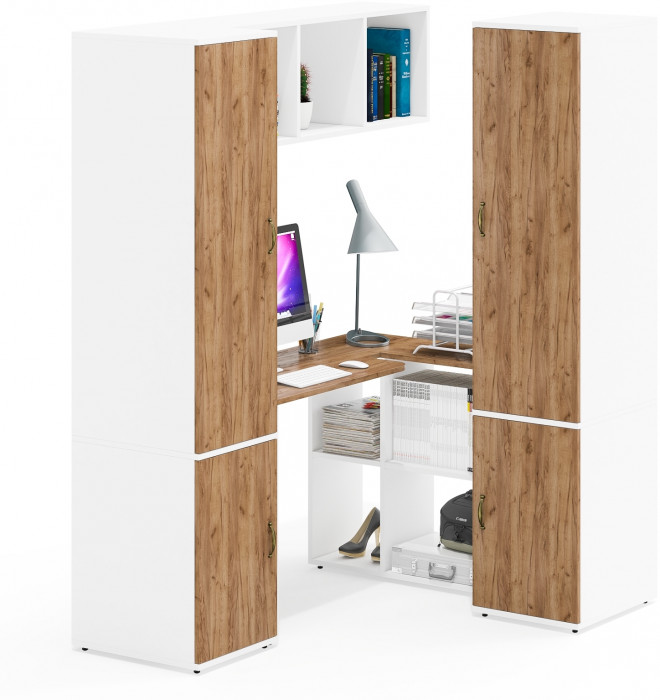 Лидер-8 Стол + Полка + Пенал МД 23Б + Пенал МД 23Б, цвет белый шагрень/крафт золото, ШхГхВ 245х50х75/190 или 115х160/50х75/190 см., НЕ ун. сборка