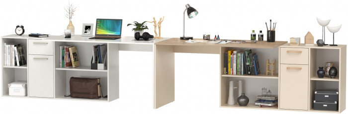 Два Стола письменных Лайт 03.245F, цвет белый шагрень/сатин/дуб эндгрейн элегантный, ШхГхВ 342,7х136х75,2 см.(угл.) или 407х68х75,2 см.(пр.), ун. сб.