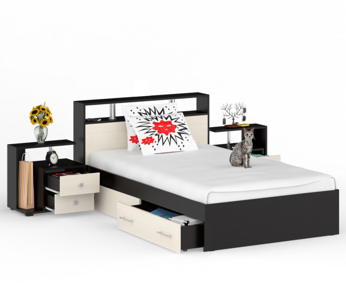 Камелия Кровать с ящиками 1200 + две тумбы, цвет венге/дуб лоредо, ШхГхВ 236х217х78,2 см., сп.м. 1200х2000 мм., без матраса, основание есть