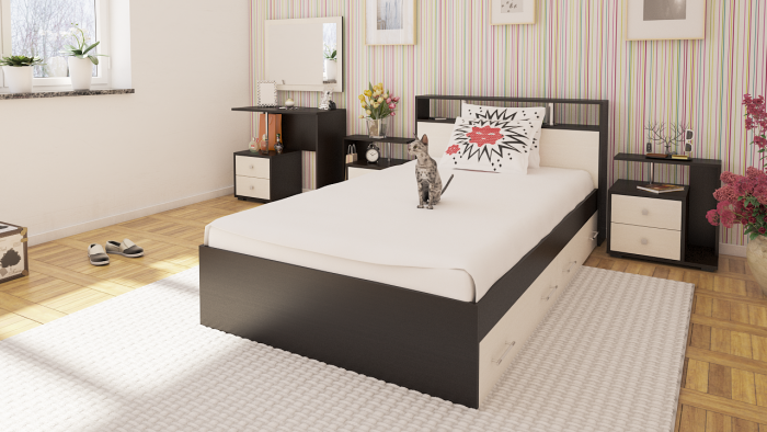 Камелия Кровать с ящиками 1200 + две тумбы, цвет венге/дуб лоредо, ШхГхВ 236х217х78,2 см., сп.м. 1200х2000 мм., без матраса, основание есть