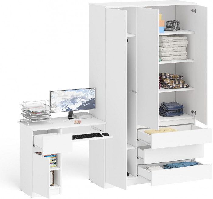 Мори Стол компьютерный МС-1 левый + Шкаф МШ1200.1, цвет белый, ШхГхВ 210,4х50,4х209,6 см., выдвижной ящик слева, НЕ универсальная сборка