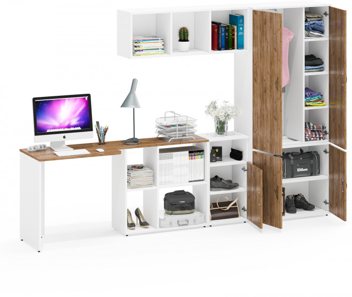 Лидер-8 Стол + Полка + Тумба МД 3.19 + Шкаф МД 20Б, цвет белый шагрень/крафт золото, ШхГхВ 285х50/37,5х75/190 или 115х200/50х75/190 см., НЕ ун. сб.