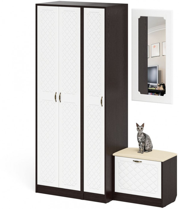 Прихожая П-6 Компоновка № 46, венге/фасады МДФ белое дерево фрезеровка ромб