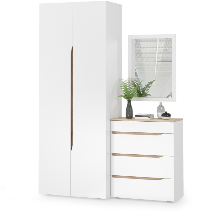 Муссон 13.198 Шкаф двухстворчатый + 13.97 Комод + Зеркало СВК, цвет белый/дуб эндгрейн элегантный, ШхГхВ 164,6х52,3х229,8 см., НЕ универсальная сборка