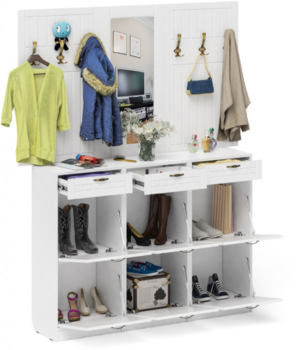 Прихожая П-6 Компоновка № 06, цвет белая шагрень/фасады МДФ белое дерево фрезеровка прованс, ШхГхВ 170х35х200 см., универсальная сборка