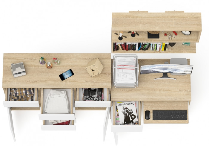 Мори компьютерный стол МС-1 левый + Комод МК1200.4 + Полка 900, дуб сонома/белый