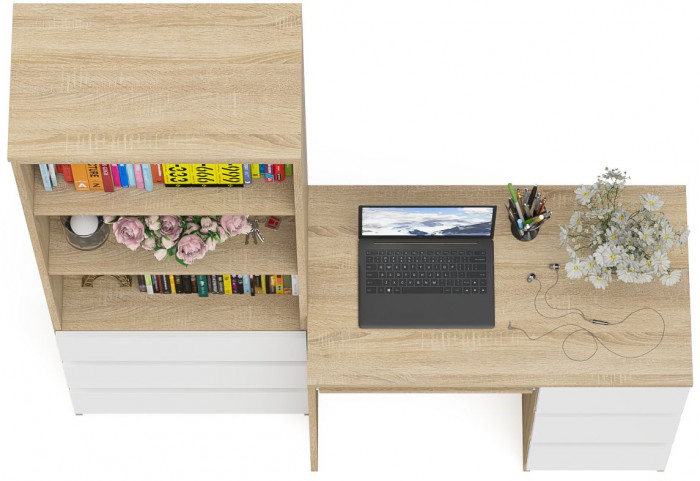 Мори компьютерный стол МС-6 правый + Стеллаж МСТ600.3, дуб сонома/белый