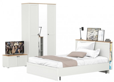 Остин 11.53 Кровать + ортопед + 13.336.03 Шкаф для одежды + 13.257 Тумба, белый шагрень/дуб крафт золотой