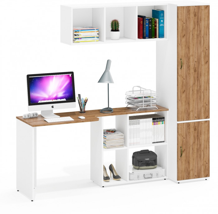 Лидер-8 Стол + Полка + Пенал МД 23Б, цвет белый шагрень/крафт золото, ШхГхВ 205х50/50х75/190 или 115х50/120х75/190 см., НЕ универсальная сборка