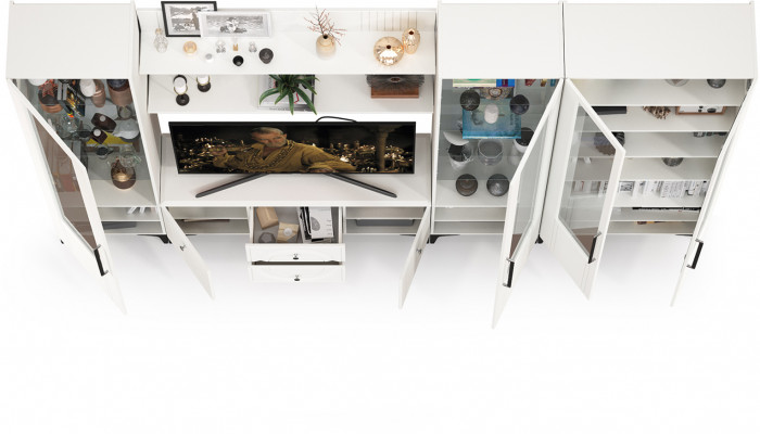 Валенсия Гостиная № 071, цвет ЛДСП белый шагрень/МДФ белый шагрень, ШхГхВ 327,2х38,3х225,2 см., ниша для ТВ 133х38х117 см., универсальная сборка