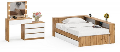 Ксения Кровать с ящиками 1200 + прикроватный блок + Столик с подсветкой 110, дуб вотан/белый