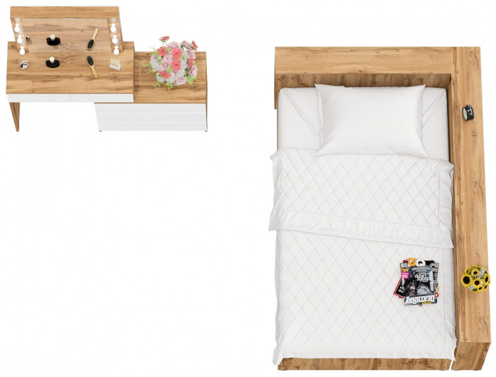 Ксения Кровать с ящиками 1200 + прикроватный блок + Столик с подсветкой 110, дуб вотан/белый