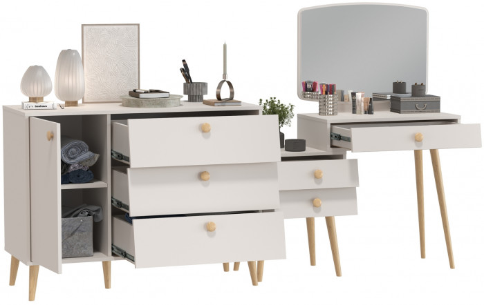 Афина Спальня Трюмо + Комод с дверкой и тремя ящиками, цвет кашемир серый, ШхГхВ 105х38,6х129 + 110х45,3х83 см., универсальная сборка