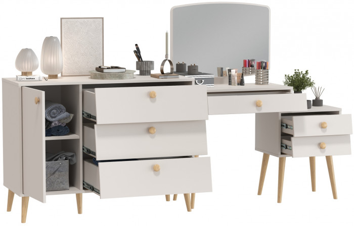 Афина Спальня Трюмо + Комод с дверкой и тремя ящиками, цвет кашемир серый, ШхГхВ 105х38,6х129 + 110х45,3х83 см., универсальная сборка