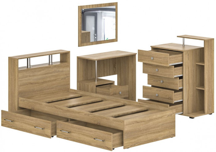 Камелия спальня № 14 Кровать с ящиками 900 + Стол косметический + Зеркало + Комод, дуб сонома