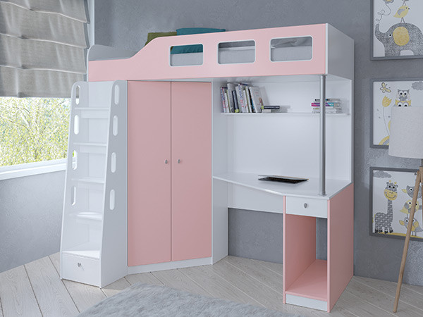 Кровать чердак Астра 7 Белый/Розовый