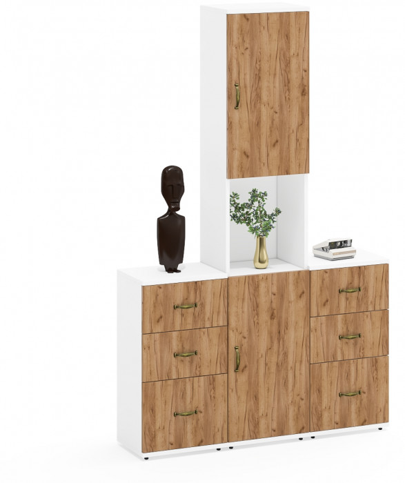 Лидер-8 Пенал + Тумба МД 3.16 + Тумба МД 3.16, белый шагрень/крафт золото