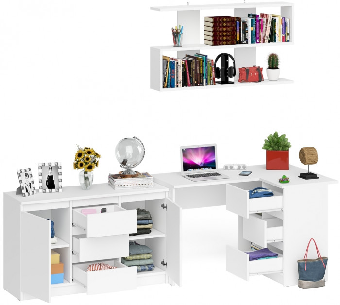Мори компьютерный стол МС-16 правый + Комод МК1200.3 + Полка 1200, белый