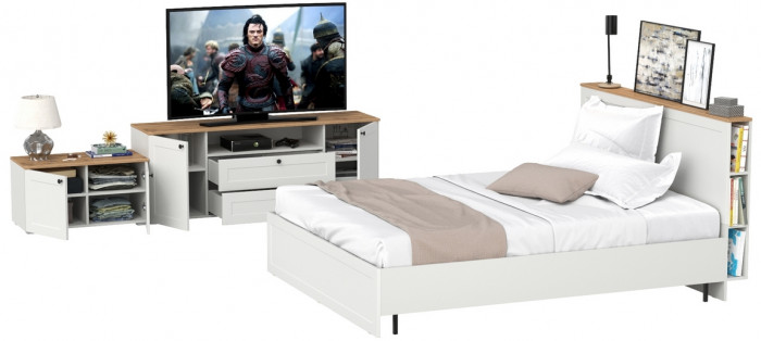 Остин 11.53 Кровать + ортопед + 16.47 Тумба под ТВ + 13.257 Тумба, белый шагрень/дуб крафт золотой