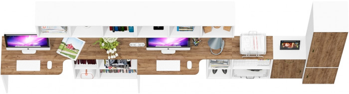 Лидер-8 Стол + Полка + Стол + Полка + Пенал МД 21Б + Тумба МД 3.15, цвет белый шагрень/крафт золото, 410х50х75/190 или 230х160/50х75/190, НЕ ун. сб.