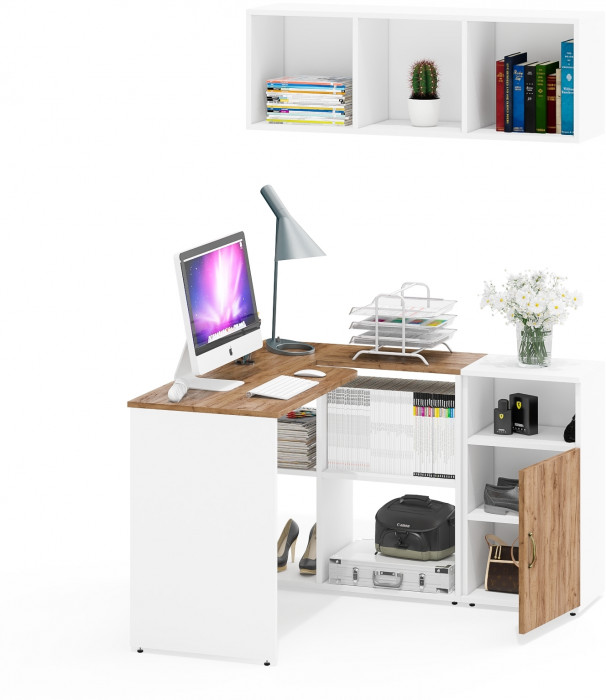 Лидер-8 Стол + Полка + Тумба МД 3.19, цвет белый шагрень/крафт золото, ШхГхВ 205х50/30х75 см. или 115х50/120х75 см., НЕ универсальная сборка