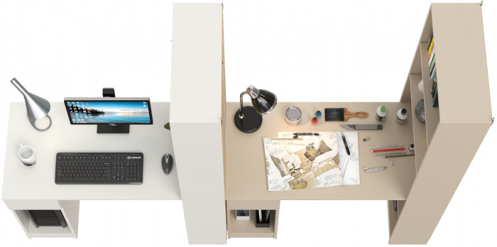 Два Стола письменных Лайт 10.01, цвет белый гладкий/сатин, ШхГхВ 230,6х58,2х179 см., универсальная сборка(обязательно крепление к стене)