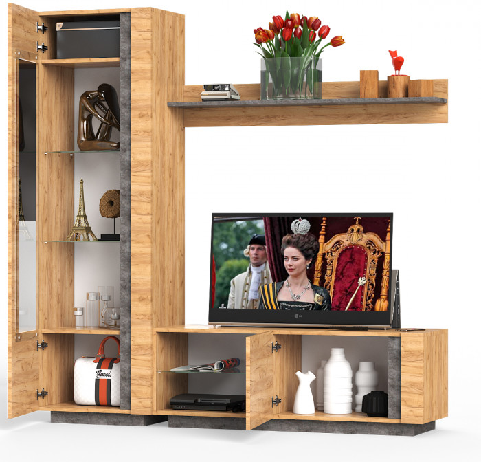 КР100 ??? Арчи № 05, цвет дуб крафт золотой/камень тёмный, ШхГхВ 190х41,3х193,7 см., ниша для ТВ 130х41х110 см., НЕ универсальная сборка