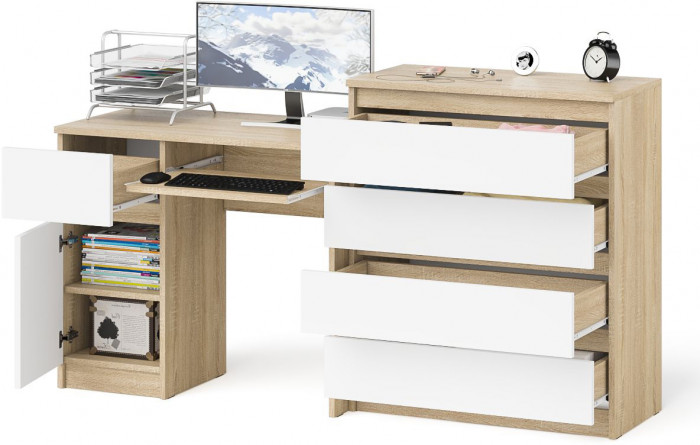 Мори компьютерный стол МС-1 левый + Комод МК800.4, дуб сонома/белый