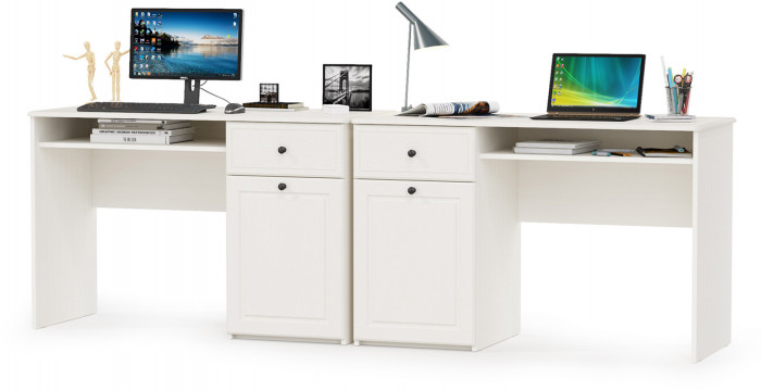 КР100 Роуз 12.148 Стол письменный + 12.148 Стол письменный, цвет ЛДСП белый(тиснение Поры дерева)/МДФ ясень ваниль, ШхГхВ 238х51,7х76,3 см., ун. сб.