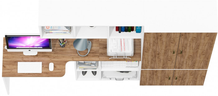 Лидер-8 Стол + Полка + Шкаф МД 20Б, цвет белый шагрень/крафт золото, ШхГхВ 245х50/37,5х75/190 или 115х160/50х75/190 см., НЕ универсальная сборка