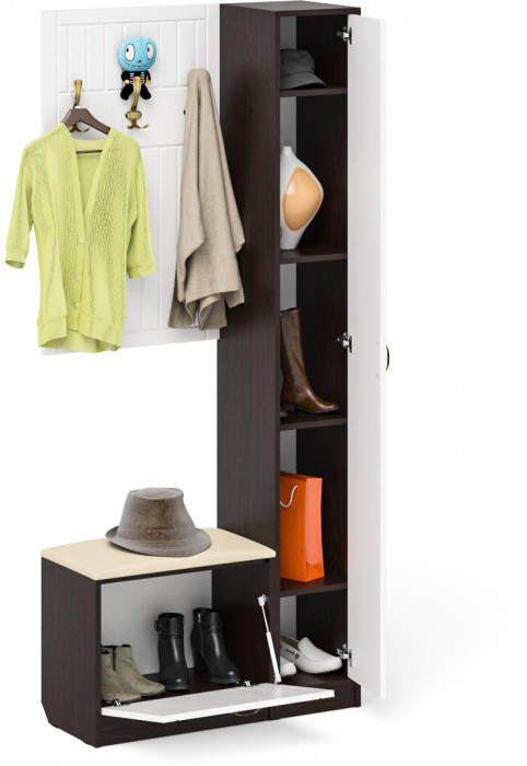 Прихожая П-6 Компоновка № 21, венге/фасады МДФ белое дерево фрезеровка прованс