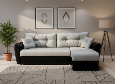 Диван-еврокнижка угловой Амстердам, 160х200, рогожка/экокожа серо-черный