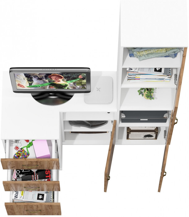 Лидер-8 Пенал + Тумба МД 3.16 + Тумба МД 3.19, белый шагрень/крафт золото