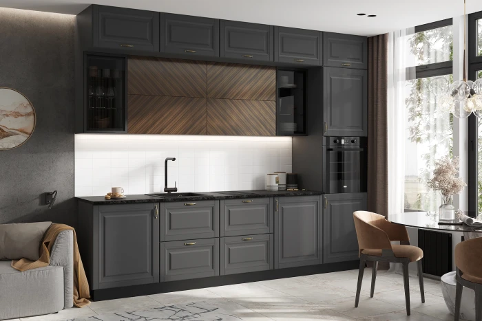 Кухня Престиж 3,0м Компоновка №2 Графит/Графит софт NEW/Прайм орех