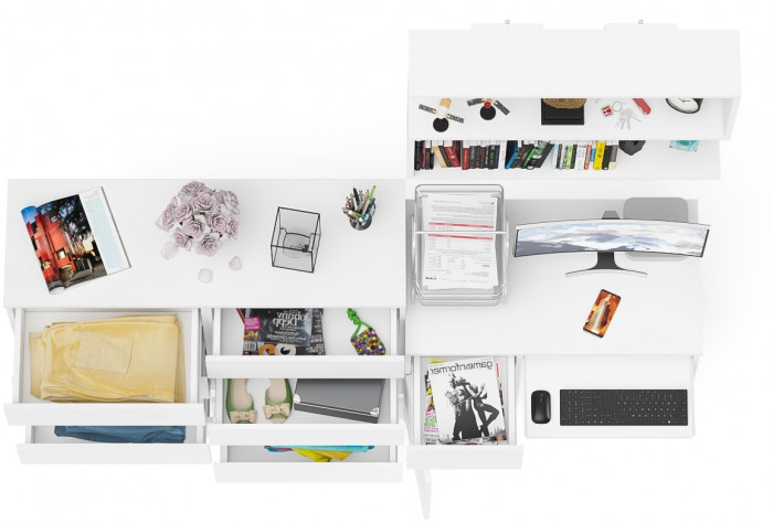 Мори Стол компьютерный МС-1 левый + Комод МК1200.8 + Полка 900, цвет белый, ШхГхВ 210,4х50х209,6 см., НЕ универсальная сборка