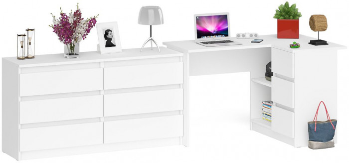 Мори Стол компьютерный МС-16 правый + Комод МК1380.6, цвет белый, ШхГхВ 262,4х84,9х76,6 см., выдвижные ящики справа, НЕ универсальная сборка