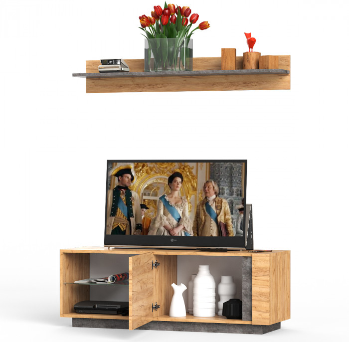 КР100 ??? Арчи № 07, цвет дуб крафт золотой/камень тёмный, ШхГхВ 130х41,3х150 см., ниша для ТВ 130х41х110 см.