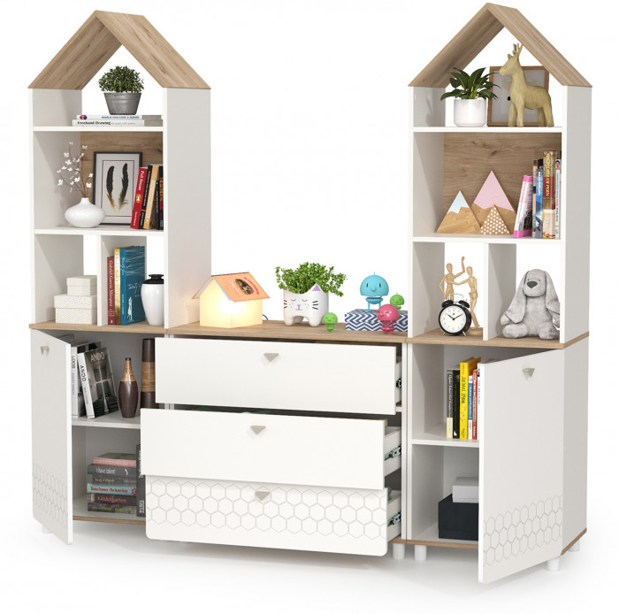 Эйп 13.14 Стеллаж + 13.322 Комод + 13.14 Стеллаж, цвет белый/дуб белый, ШхГхВ 191х41,5х183,8 см., универсальная сборка