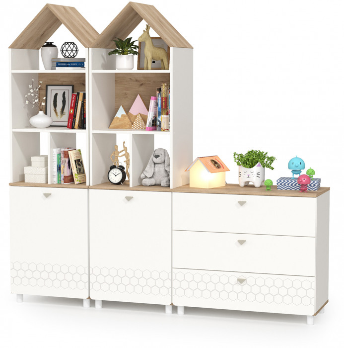 Эйп 13.14 Стеллаж + 13.322 Комод + 13.14 Стеллаж, цвет белый/дуб белый, ШхГхВ 191х41,5х183,8 см., универсальная сборка