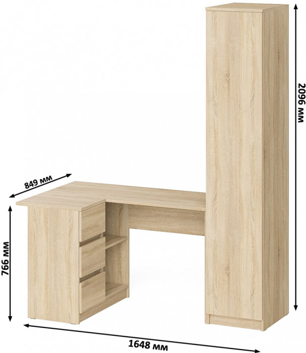 Мори Стол компьютерный МС-16 левый + Пенал МШ400.1, цвет дуб сонома, ШхГхВ 164,8х84,9х209,6 см., выдвижные ящики слева, НЕ универсальная сборка