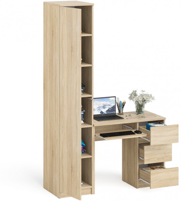 Мори Стол компьютерный МС-6 правый + Пенал МШ400.1, цвет дуб сонома, ШхГхВ 130,4х50,4х209,6 см., выдвижные ящики справа, НЕ универсальная сборка