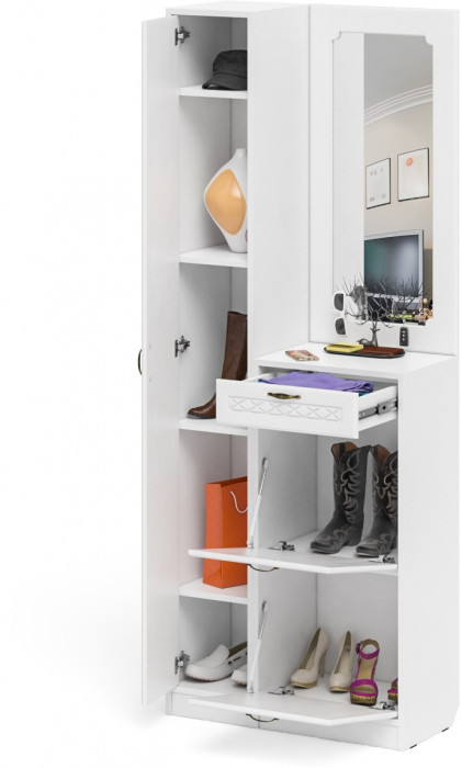 Прихожая П-6 Компоновка № 23, цвет белая шагрень/фасады МДФ белое дерево фрезеровка ромб, ШхГхВ 80х35х210 см., универсальная сборка