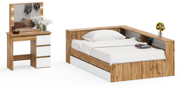 Ксения Кровать с ящиками 1200 + прикроватный блок + Столик с подсветкой Сура, дуб вотан/белый