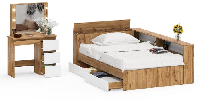 Ксения Кровать с ящиками 1200 + прикроватный блок + Столик с подсветкой Сура, дуб вотан/белый