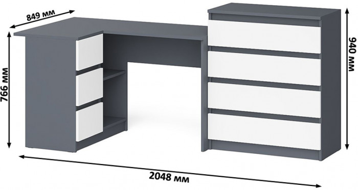 Мори компьютерный стол МС-16 левый + Комод МК800.4, графит/белый