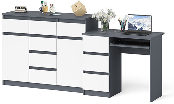 Мори компьютерный стол МС-6 левый + Комод МК1200.4, графит/белый