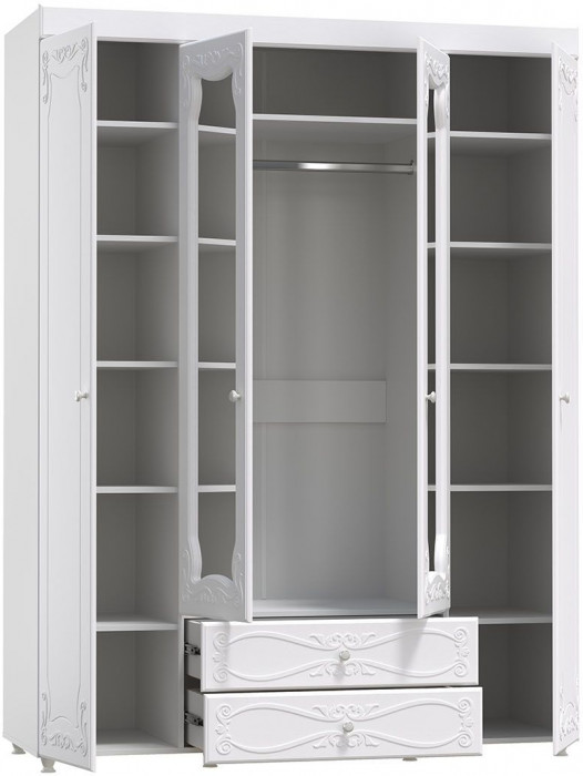 Шкаф 4-х дверный с ящиками и 2-я зеркалами Италия ИТ-63 белое дерево