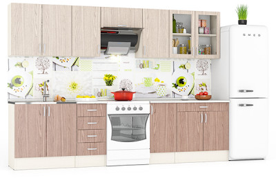 Кухня Мери 08 ШВ800+ШВ400+ШВв600+ШВ400+ШВС800+ШНМ800+ШН4Я400+ШН400+ШН1Я800, цвет дуб/ясень шимо светлый/тёмный, ШхГхВ 300х30х67 см./240х60х85 см.