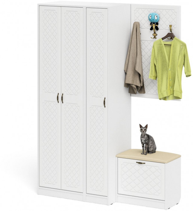 Прихожая П-6 Компоновка № 47, белая шагрень/фасады МДФ белое дерево фрезеровка ромб