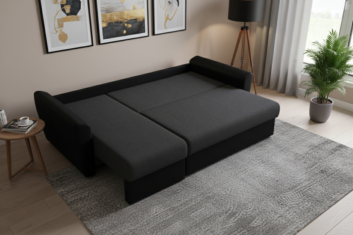 Диван-еврокнижка угловой Амстердам, 160х200, рогожка/экокожа черный